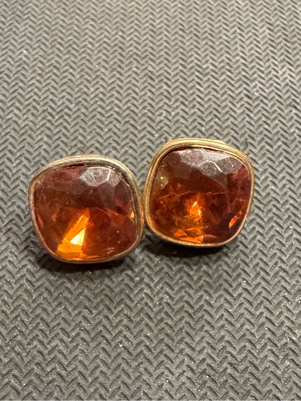 Vintage Gold Tone Amber Glass Cushion Cut Earrings